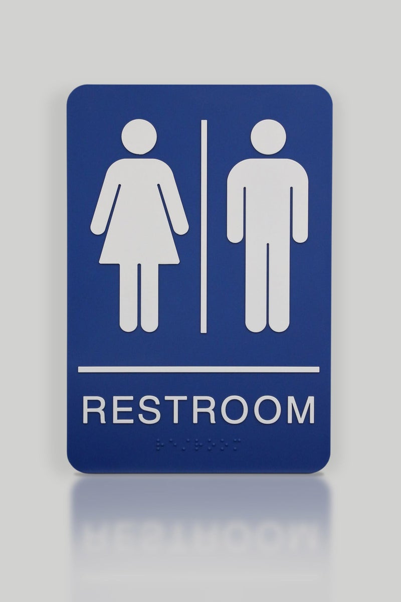Headline Sign 5212 Women and Menâ€™s Restroom ADA Sign with Grade 2 Braille and Tactile Graphics, 6" x 9", Blue/White, Made in USA - Image 1